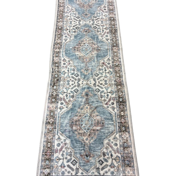 None Other - Elegant Blue and Cream Washable Rug 28” x 80”
